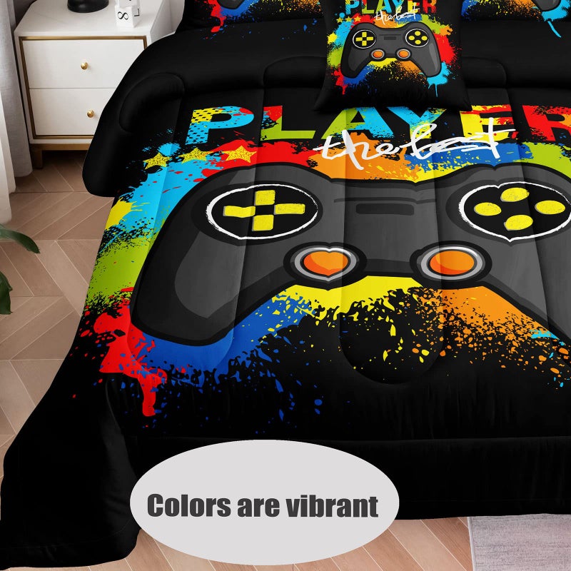 lris Bedding 6 Pieces Bed in a Bag for Gaming Bedding Set,Boys Gamer Comforter Set with Flat Sheet,Fitted Sheet,Pillowcases,Cushion Cover,Game Console Pattern Bed Set for Kids Boys Room Decor - Image 2